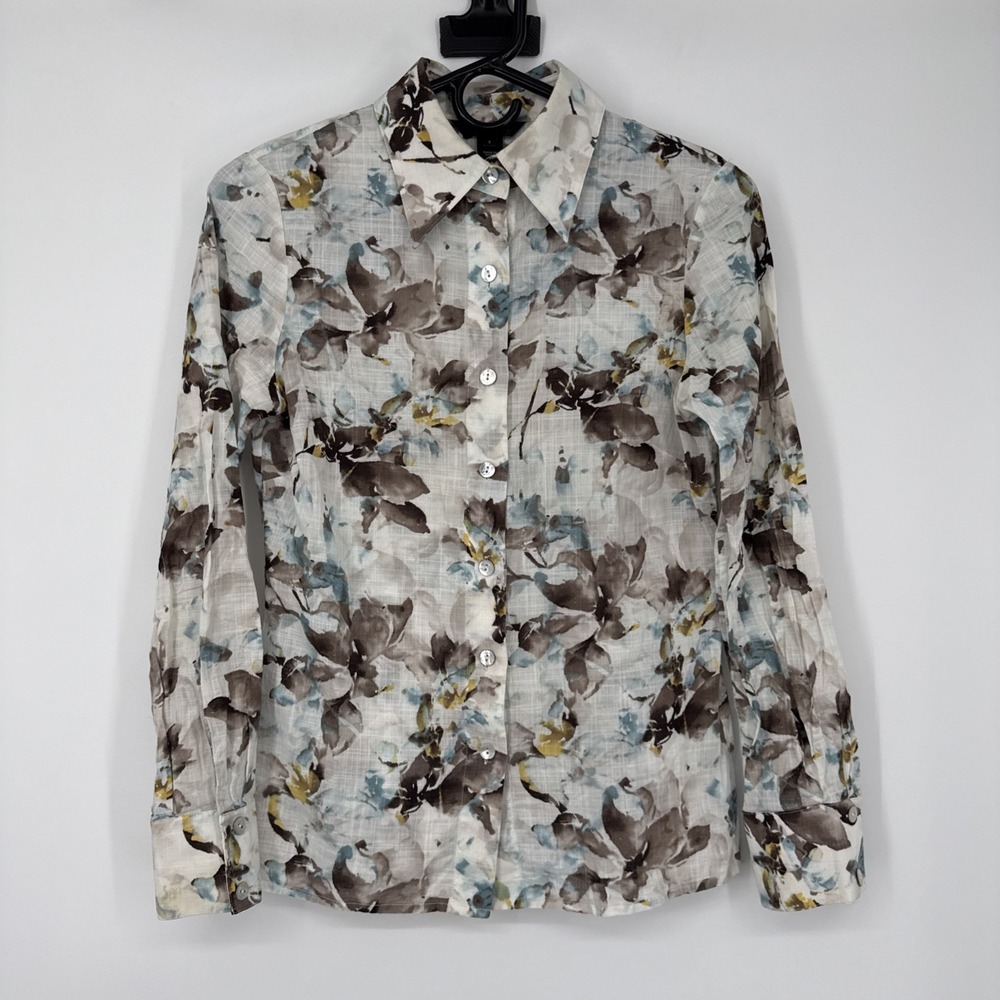 St. John Floral Blouse Top Multicolor Cotton Luxury Long Sleeve Business Size 2